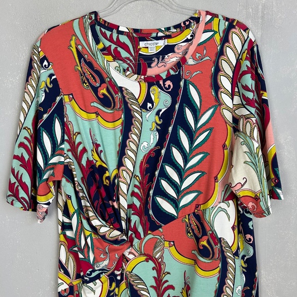 Chicos size 3 /XL touch of cool abstract draped tunic top colorful short sleeve - Picture 4 of 14